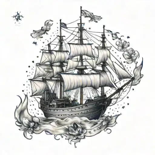 A dotwork tattoo of a Navy ship with children's handprints on the sails, representing the client's devotion to both his career and family tattoo design idea