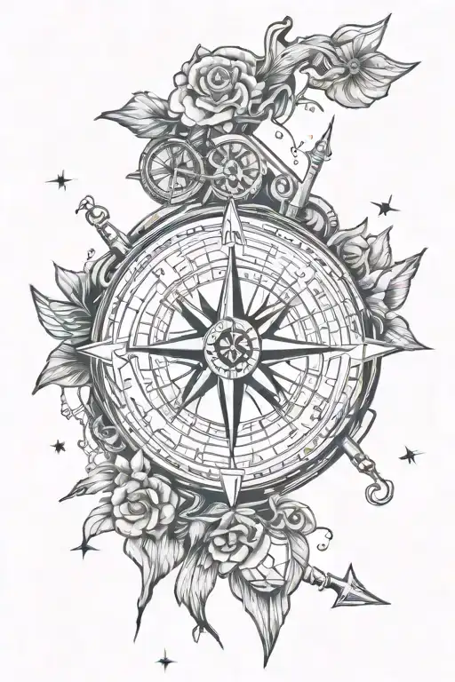 A new-school design featuring a compass surrounded by images representing your family and military service tattoo design idea