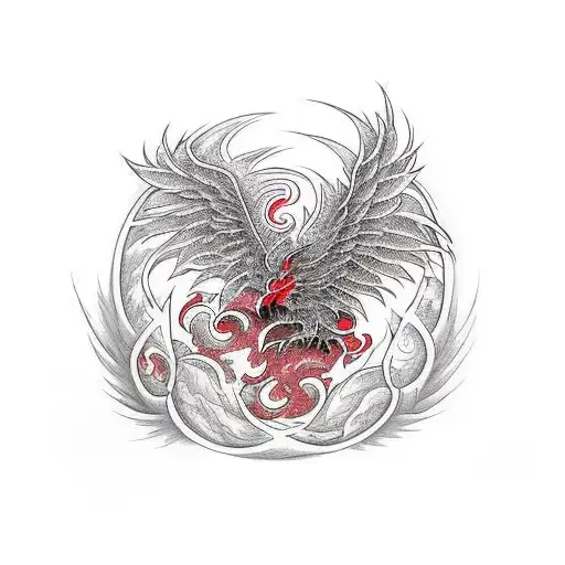 Phoenix rising from ashes in shades of red and yellow tattoo design idea
