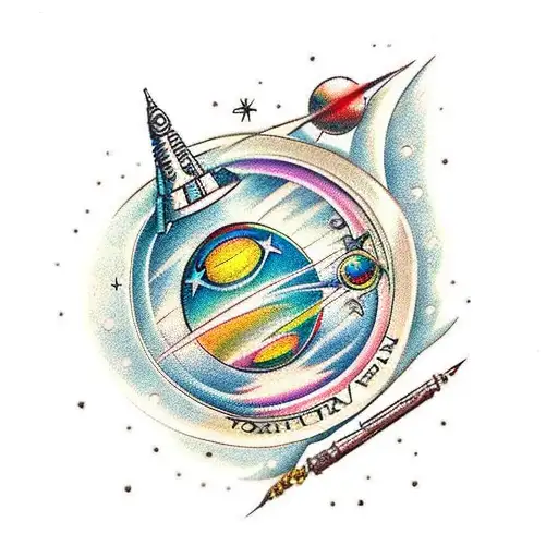 A traditional tattoo of a Star Trek spaceship surrounded by magical elements like wands, potions, and spell books tattoo design idea