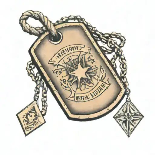 A traditional tattoo of a military dog tag with a child's name engraved on it tattoo design idea