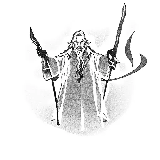 A silhouette of Gandalf holding a staff, with the words 'A wizard is never late' in a flowing script tattoo design idea