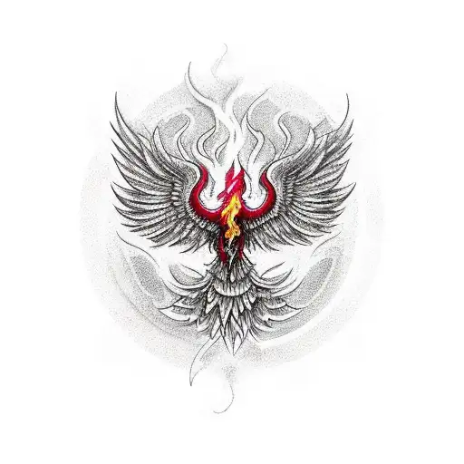 Phoenix rising from ashes in shades of red and yellow tattoo design idea