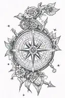 A new-school design featuring a compass surrounded by images representing your family and military service tattoo design idea