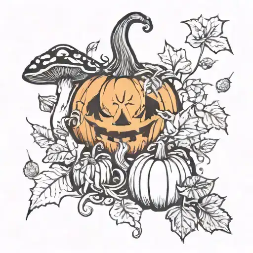 Autumn, leaves, fall, pumpkin, magic, mushrooms tattoo design idea