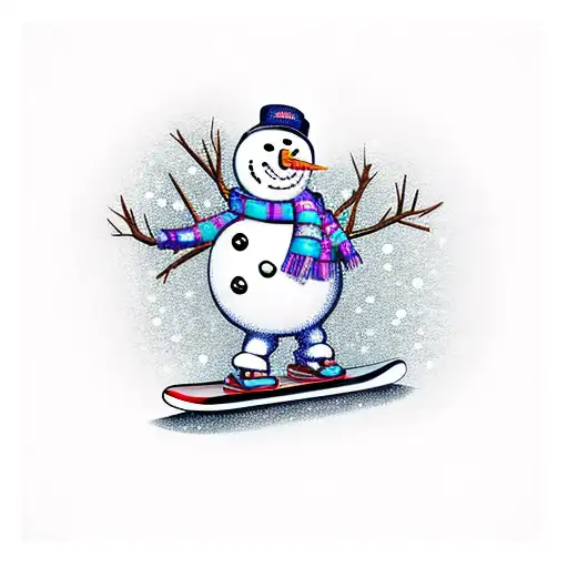 snowman cartoon riding a skateboard, simple tattoo design idea