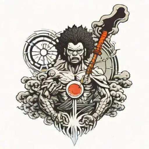 Japanese art style half sleeve with Afro samurai and Japanese rising sun tattoo design idea