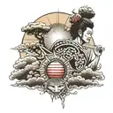 Japanese art style half sleeve with Afro samurai and Japanese rising sun tattoo design idea