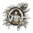 Japanese art style half sleeve with Afro samurai and Japanese rising sun tattoo design idea