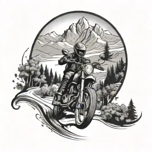 A majestic mountain landscape with a winding road for a motorcycle rider, surrounded by lush greenery and wildlife tattoo design idea