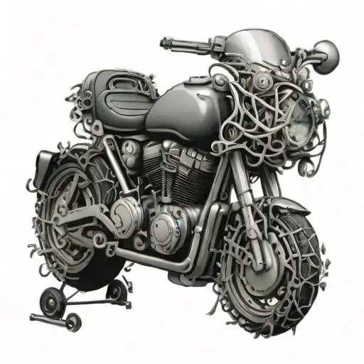 A sleek and detailed motorcycle engine intertwined with intricate vines and flowers, representing the harmony between man-made and natural elements tattoo design idea