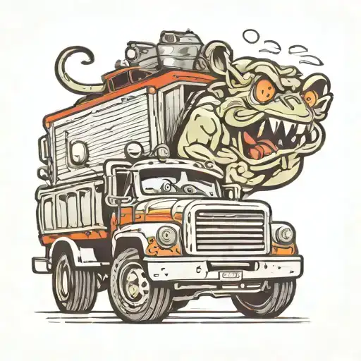 semi truck cartoon,with rat fink arm coming out of roof tattoo design idea