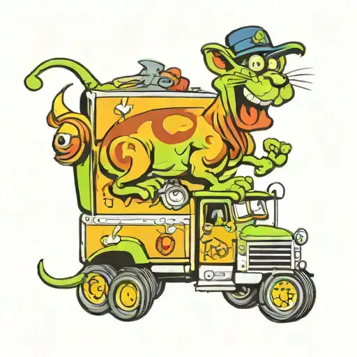 semi truck with livestock trailer cartoon,with rat fink arm tattoo design idea