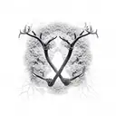 4 nature elements bind by infinity sign and held up by Deer antlers that are made from blooming tree branches tattoo design idea