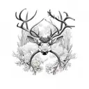 4 nature elements bind by infinity sign and held up by Deer antlers that are made from blooming tree branches tattoo design idea