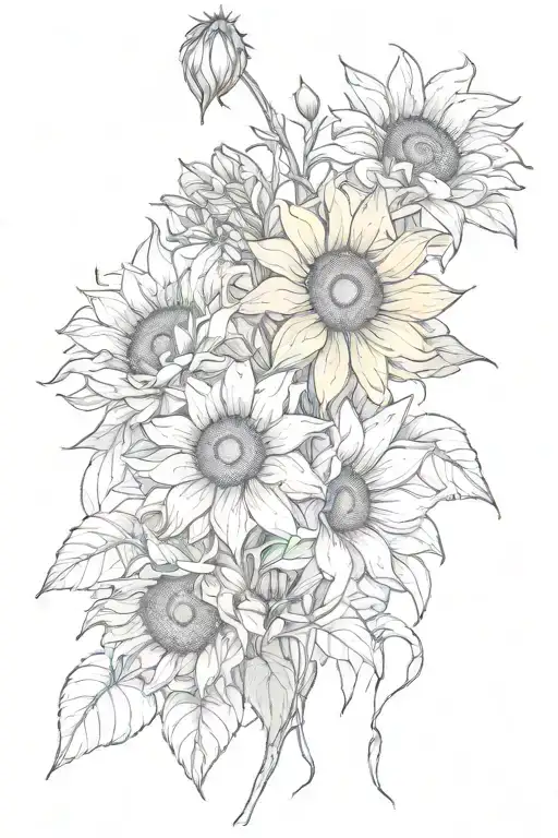 Sunflowers, Spider lillies, wisteria flowers tattoo design idea