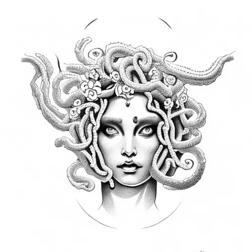 beautiful Medusa with flowers black tears and a moon  tattoo design idea