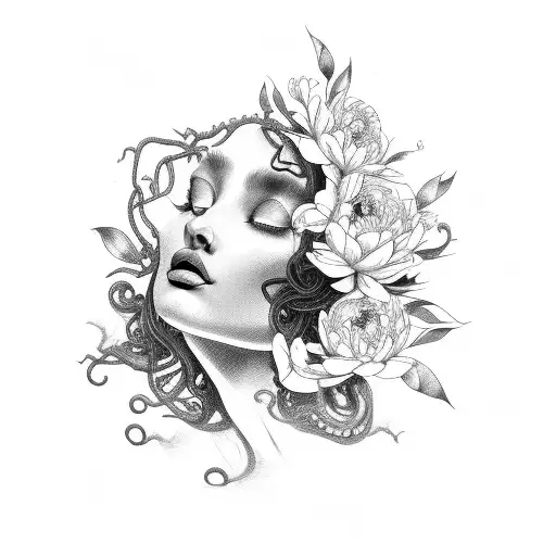 beautiful Medusa with peonies, black tears, moon, long nails/ half body  tattoo design idea
