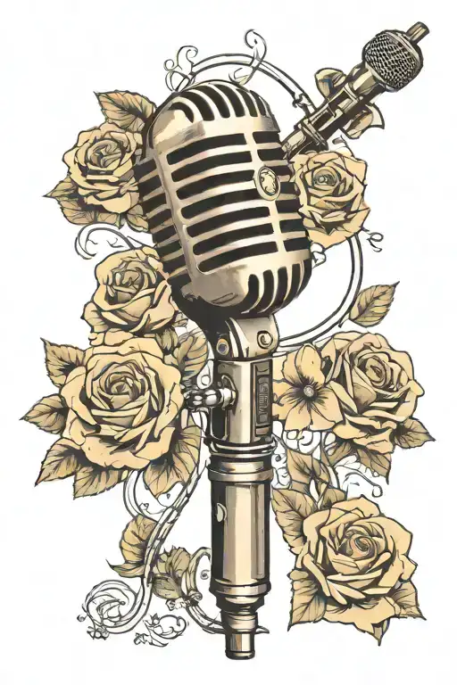 vintage microphone with sheet music and flowers intertwined tattoo design idea