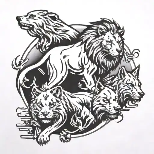 A traditional style tattoo of a lion and wolf protecting their pack, including kids and animals tattoo design idea