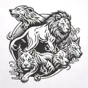 A traditional style tattoo of a lion and wolf protecting their pack, including kids and animals tattoo design idea