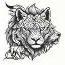 A traditional style tattoo of a lion and wolf protecting their pack, including kids and animals tattoo design idea