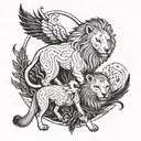 A traditional style tattoo of a lion and wolf protecting their pack, including kids and animals tattoo design idea