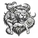 A traditional style tattoo of a lion and wolf protecting their pack, including kids and animals tattoo design idea