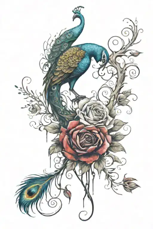 swirl of blood dripping from thorns growing roses intertwined with a peacock and feathers tattoo design idea