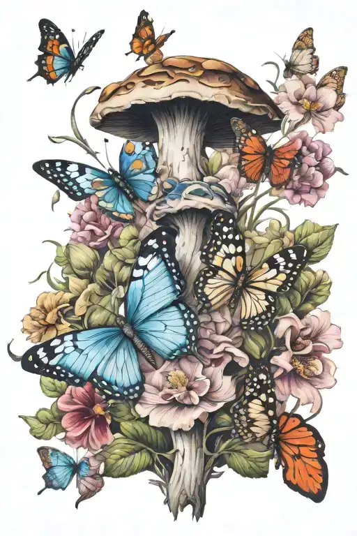 4 butterflies, 3 mushrooms, flowers blooming tattoo design idea