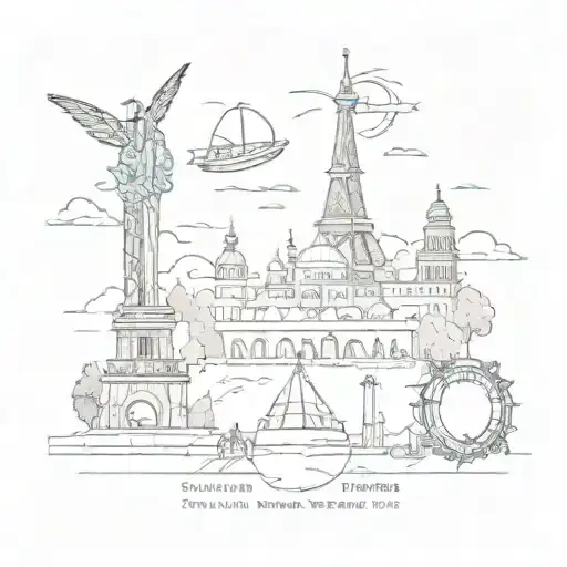 A sketch-style collage of iconic landmarks from your travels, with your marriage date and baptism day subtly integrated into the design tattoo design idea