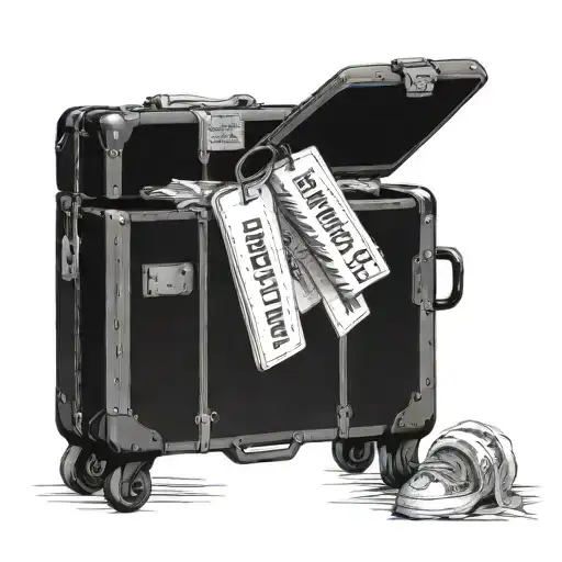 A vintage suitcase overflowing with souvenirs from your travels, with your marriage date and baptism day written on luggage tags tattoo design idea