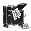 A vintage suitcase overflowing with souvenirs from your travels, with your marriage date and baptism day written on luggage tags tattoo design idea