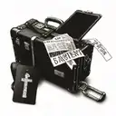 A vintage suitcase overflowing with souvenirs from your travels, with your marriage date and baptism day written on luggage tags tattoo design idea