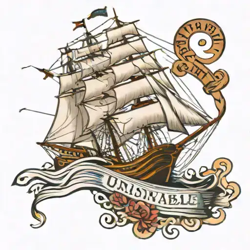 clipper ship with "5" on the sail and a text banner that says "unsinkable" tattoo design idea