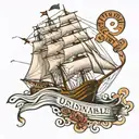 clipper ship with "5" on the sail and a text banner that says "unsinkable" tattoo design idea