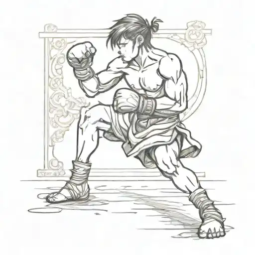 Anime character practicing Muay Thai in a traditional Thai setting tattoo design idea
