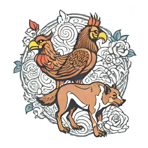 Wolf and Rooster of Barcelos and St. Bernard dog and tocoro bird and bull tattoo design idea
