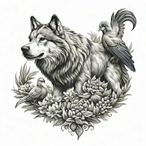 Wolf and Rooster of Barcelos and St. Bernard dog and tocoro bird and bull tattoo design idea