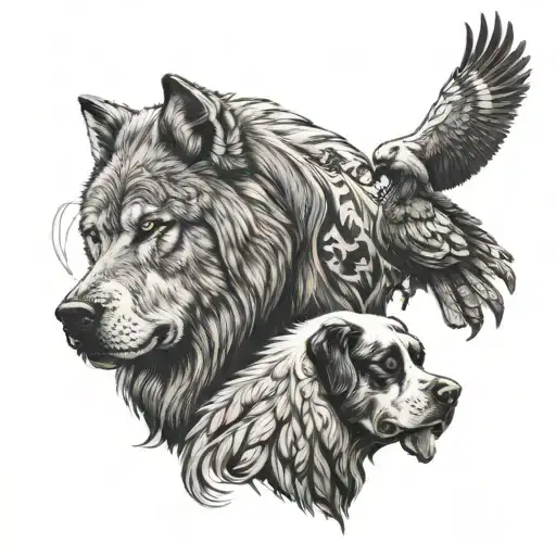 Wolf and Rooster of Barcelos and St. Bernard dog and tocoro bird and bull separeted tattoo design idea