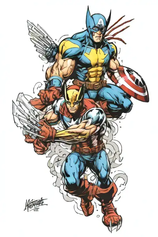 wolverine fighting the avengers: Ironman and captain America tattoo design idea