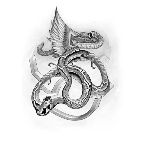 snakes with wrenches crossed with angle wings tattoo design idea