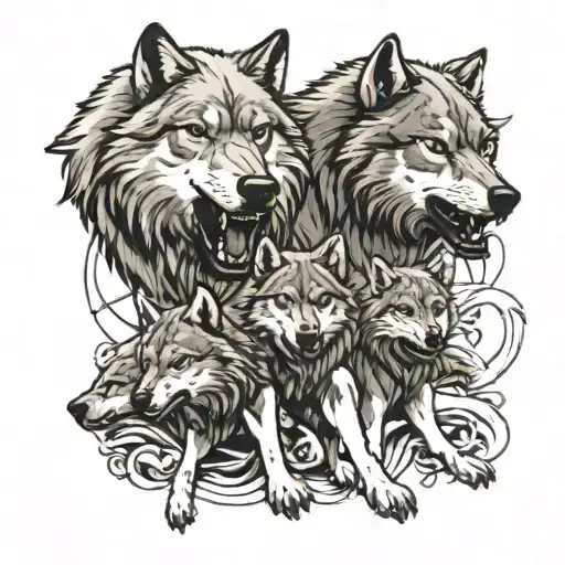 two big wolves protecting a smaller one growling with a baby in front tattoo design idea