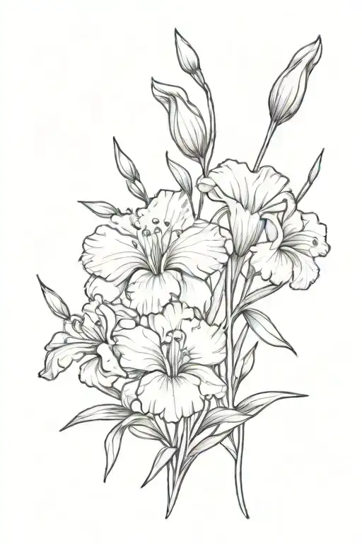 bouquet of carnation, snowdrop, iris and violet flower tattoo design idea