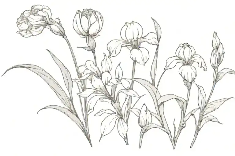 bouquet of carnation, snowdrop, iris and violet flower tattoo design idea