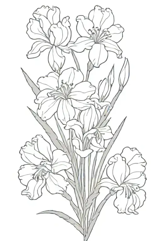 bouquet of 4 flowers. the flowers are carnation, snowdrop, iris and violet tattoo design idea