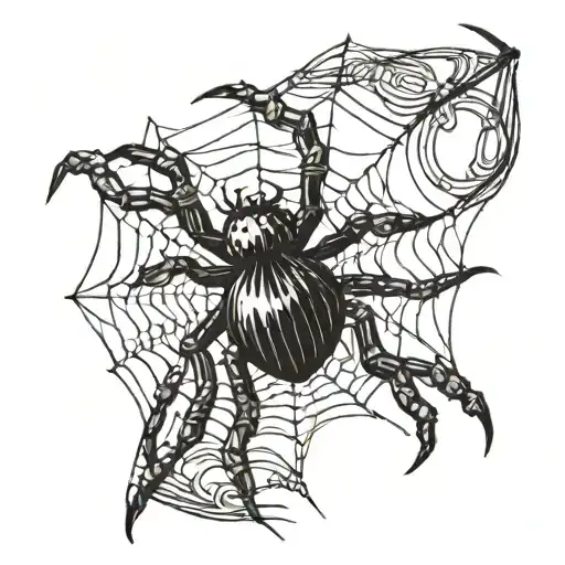 A spider resembling Other Mother from Coraline weaving a web, with the center resembling a sewing button tattoo design idea