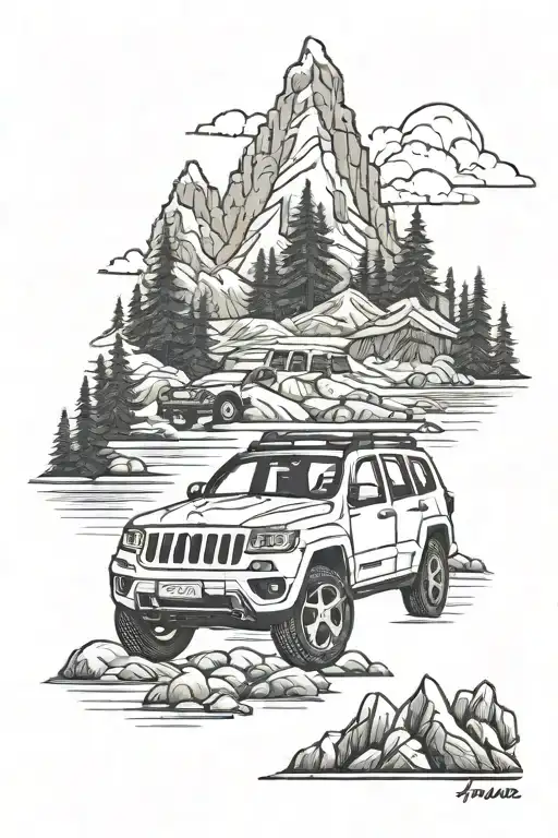 travel, jeep, himalayan, montains, sea, trees, tattoo design idea