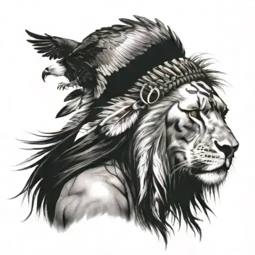 Lion, eagle, native american girl tattoo design idea