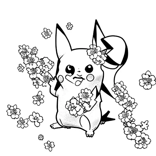 Create a tattoo design featuring a minimalist version of Pikachu surrounded by cherry blossom petals. tattoo design idea